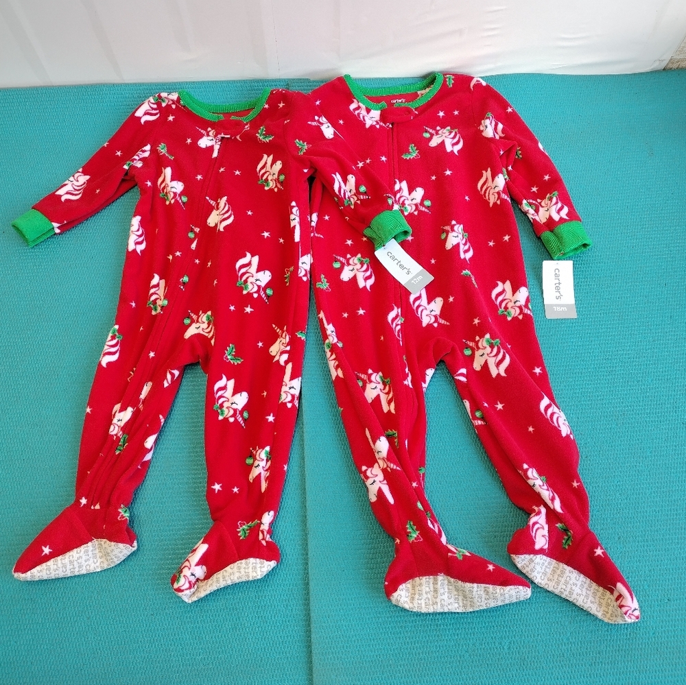 (2) Carter's Toddlers Unicorn Print Holiday Christmas Sleepers 12 & 18 Months